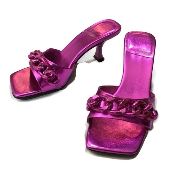Jeffrey Campbell Hot Pink Metallic Kitten Heel Mr Big Chain Slide Sandals - Picture 1 of 8